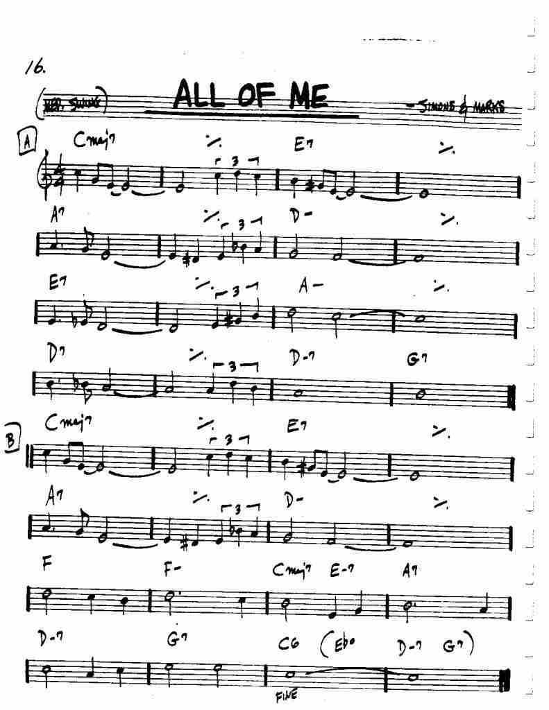 partitura e cifra da música all of me para improvisar com arpejos